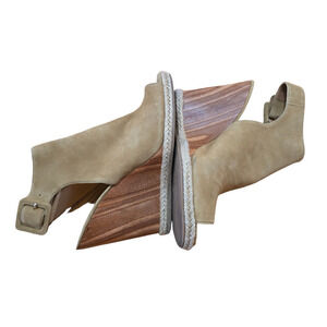 Tory Burch Tan Suede Leather Open Peep Toe Wood Wedge Slingback Heels 8.5